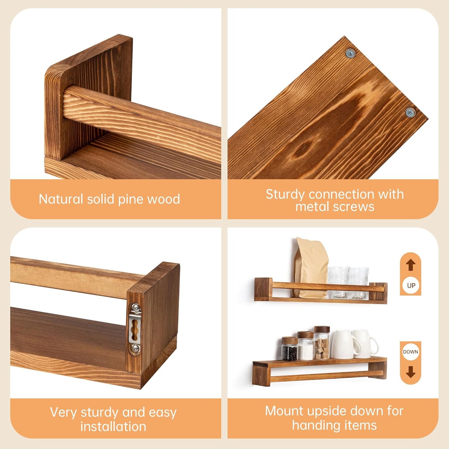 Fun Memories Nursery Book Shelves - Rustic Natural Solid Wood Floating Bookshelf for Kids - Wall Book Shelves for Kids Room (Carbonized, 32inch - 4P)