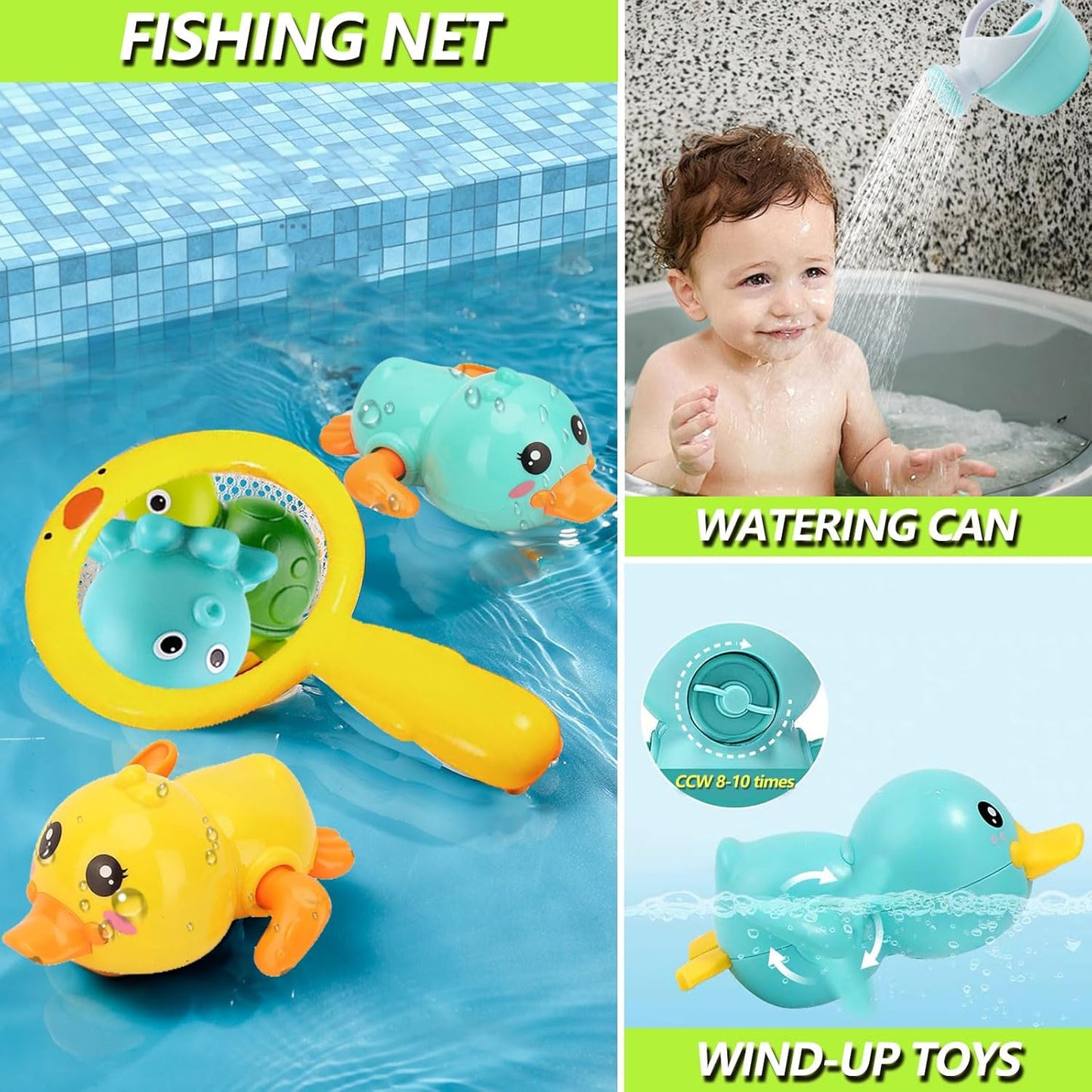 Bath Toys for Babies 6-12 Months+, Wind-up Ducks Bath Toys for Kids Ages 1-3, No Hole Ocean Animal Floating Pool Toys, Watering Can Fishing Net Water Toys for Toddlers