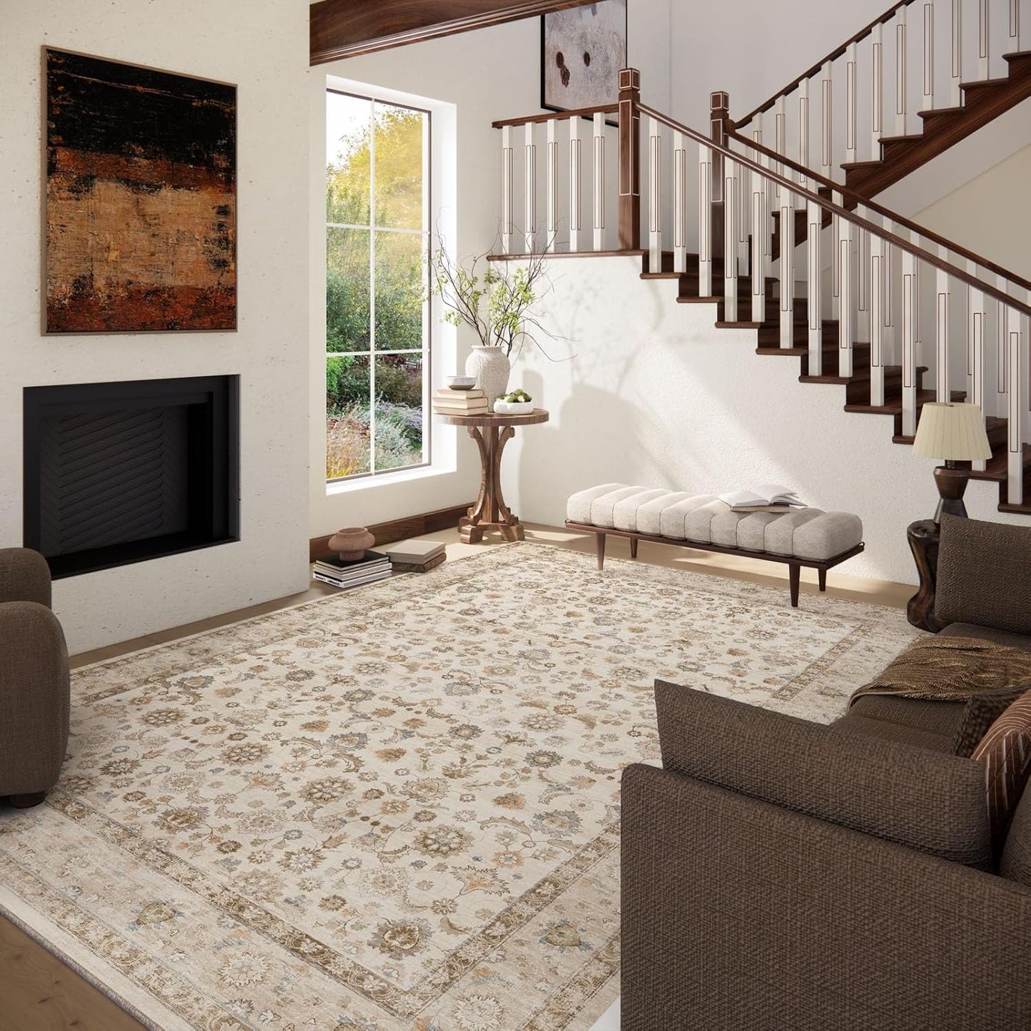 Washable Area Rugs for Living Room: 5x7 Bedroom Rug Boho Vintage Area Rug Stain Resistant Non Slip Low Pile Lightweight Soft Carpets for Dining Room Kitchen Nursery Kids Room Playroom Home Office