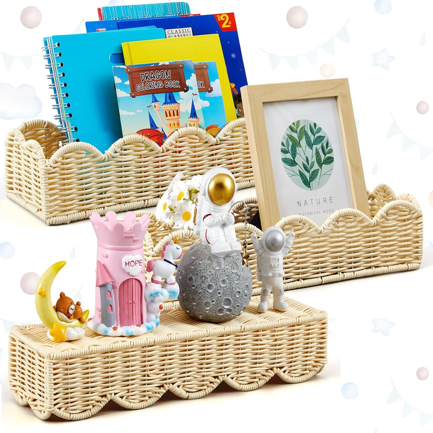 Pinkunn 3 Set Nursery Book Shelves Scalloped Rattan Wall Shelf 15.8 x 3.2 Inch Wall Mounted Plastic Floating Book Shelve, Hanging Boho Wicker Woven Shelf for Nursery Decor and Storage (Boho Beige)