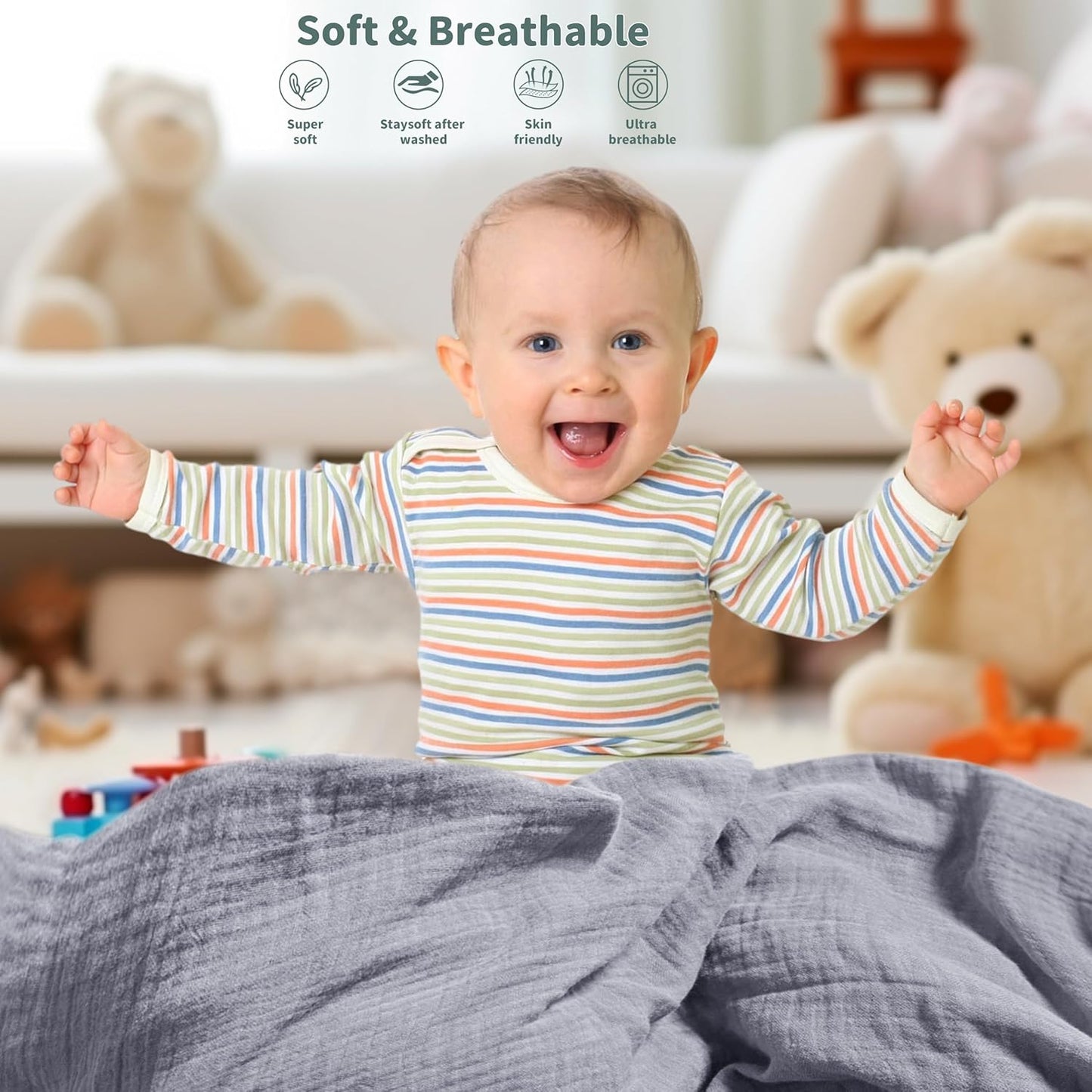 Muslin Swaddle Blankets for Newborn, 2 Pack Breathable Soft Receiving Blanket, Large 41 x 41 inches Swaddle Wrap Burping Clothes, Essentials Infant Shower Items. (Gray & Green)