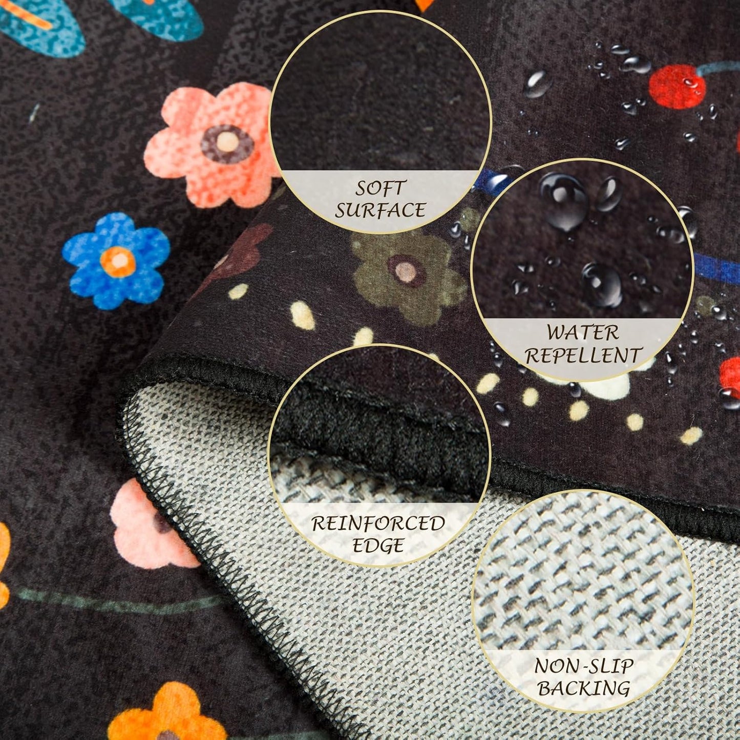 Floral 2x8 Area Rug Machine Washable Soft Print Boho Carpet Non Slip Doormat Low Pile Flower Area Rugs for Living Room Bedroom Nursery Kitchen Dining Room Indoor-Black