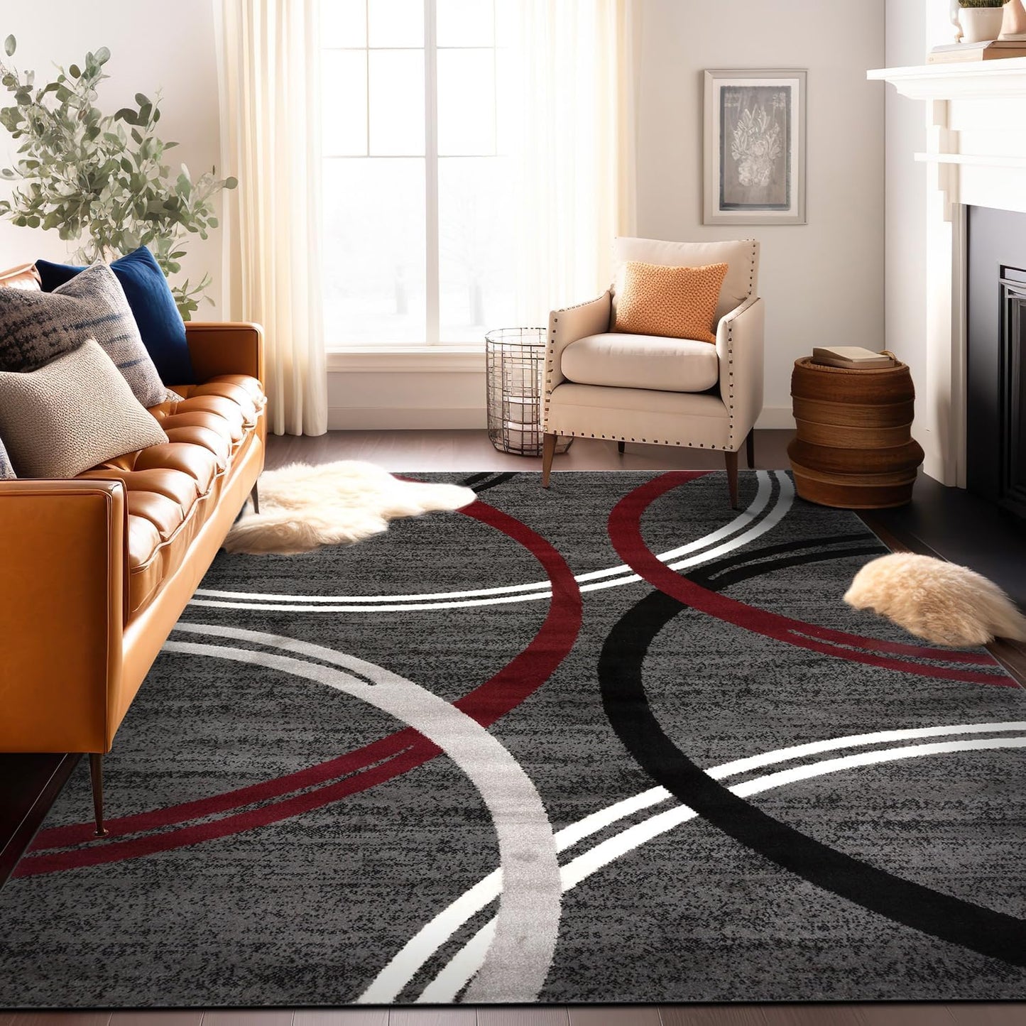 Rugshop Modern Wavy Circles Design Area Rug 8'8" x 12' Red