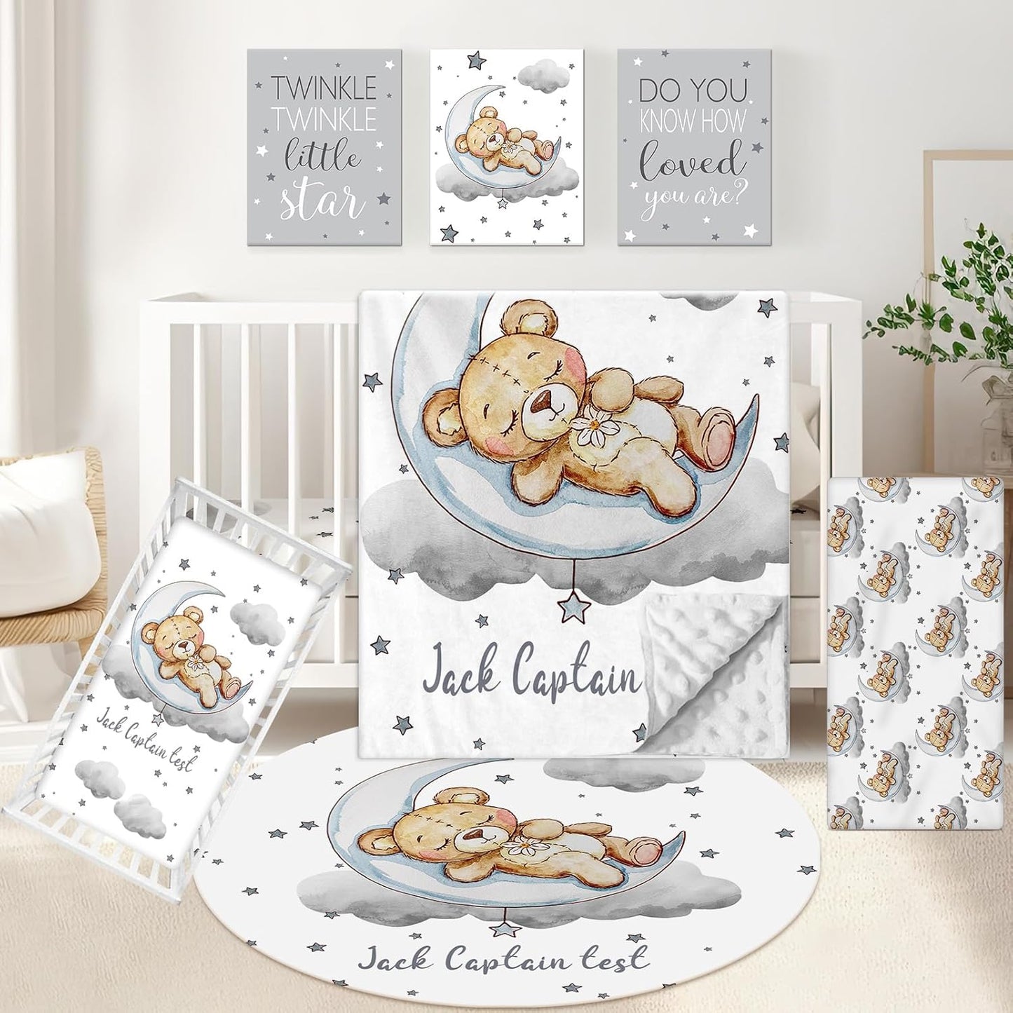 Personalized Crib Set, 5 Pcs Custom Baby Bedding with Name, Double Layer Nursery Bedding for Boy Girl, Soft Moon Bear Bedding Set, Gifts for Toddler, Infant, New Parents