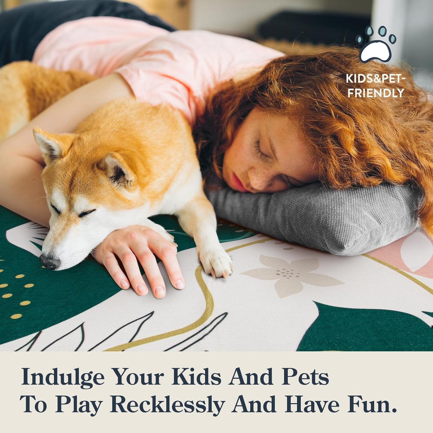 Lahome Washable 8x10 Rug - Non-Slip Living Room Rugs 8x10 Ultra-Thin Large Soft Bedroom Rugs, Boho Botanical Print Indoor Stain Resistant Floor Rug for Dining Room Table Office (8'x10',Green/Pink)