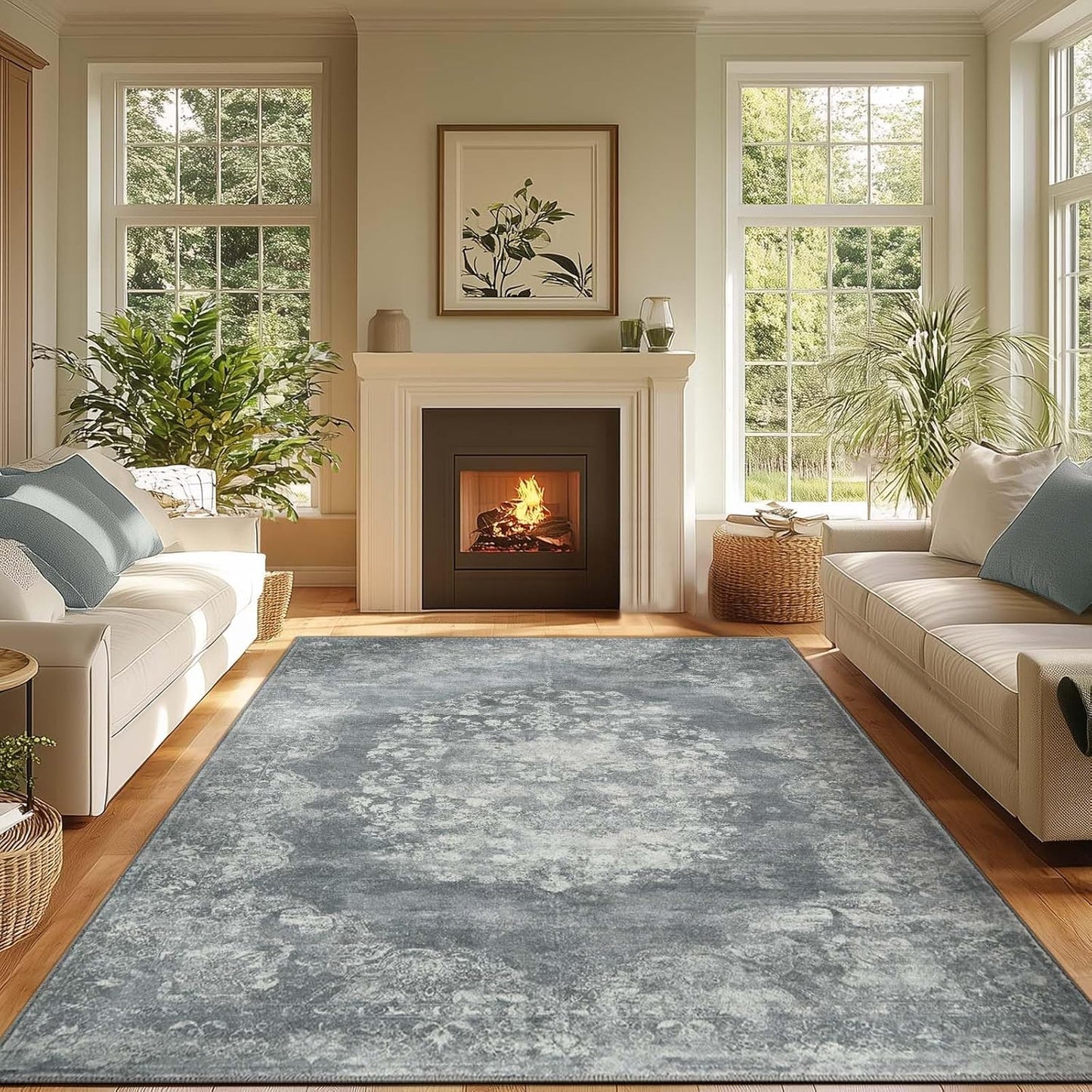 jinchan Washable Area Rug 8x10 for Living Room - Soft Faux Wool Ultra-Thin Stain Resistant Non-Slip Distressed Vintage Floral Large Carpet for Bedroom,Dining Room,Home Office,Nursery(Grey, 8'x10')