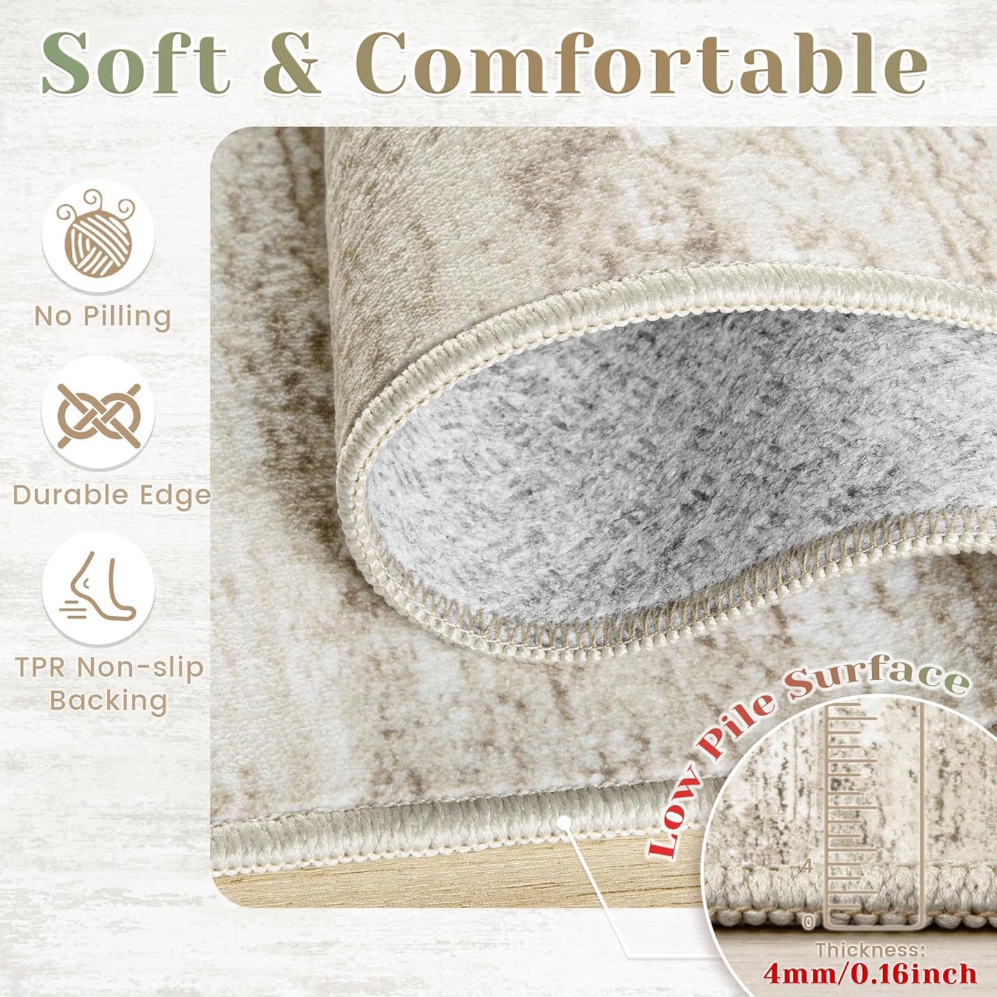 Washable Rug 6x9 Area Rugs for Living Room: Neutral Soft Rug Abstract Non Slip Low Pile Modern Carpet for Bedroom Kitchen Nursery Office Dining Room Indoor (Beige, 6'x9')