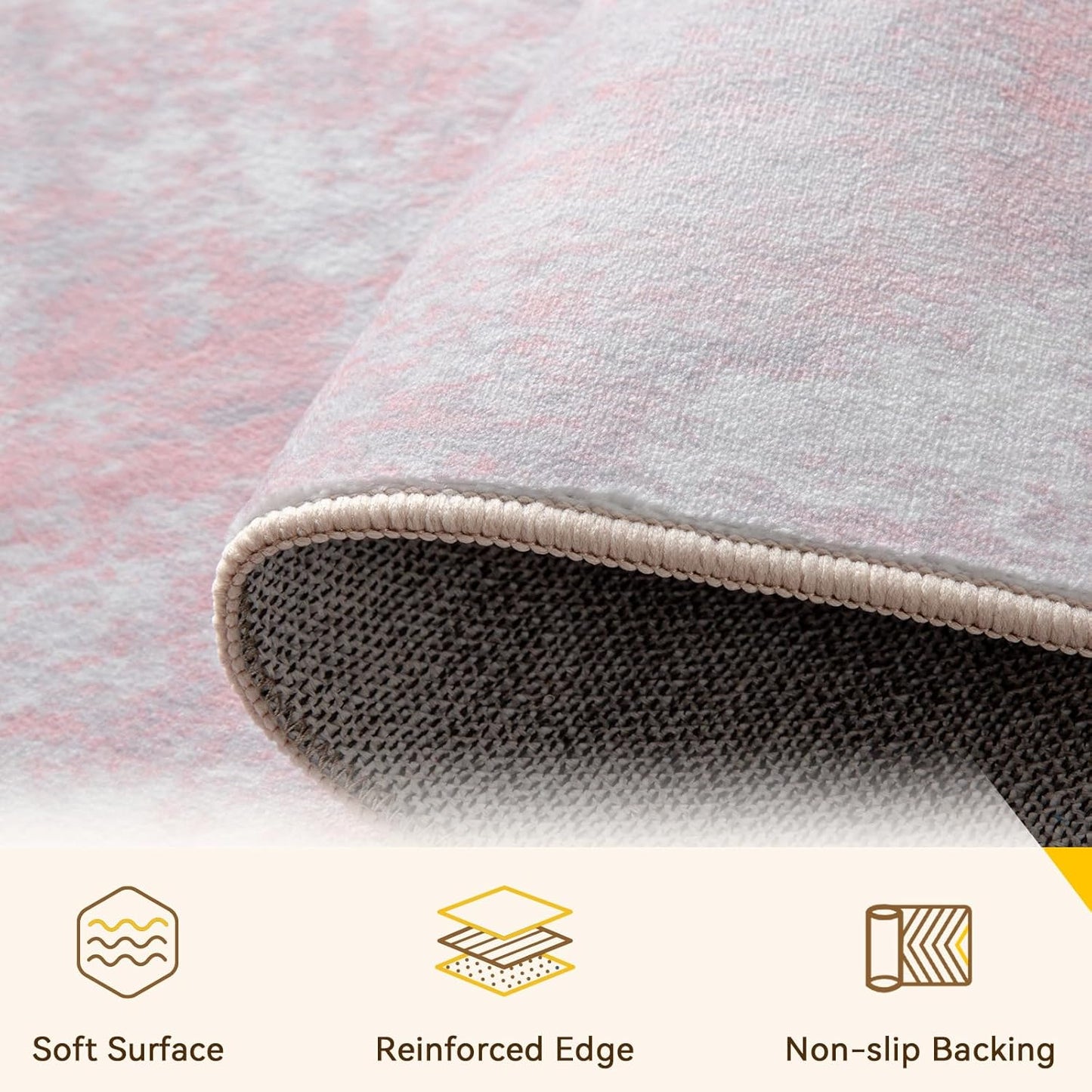 Washable Area Rugs 8ft Non-Slip Modern Abstract Soft for Living Room Entryway Bedroom Nursery, Print Pattern, Grey Pink