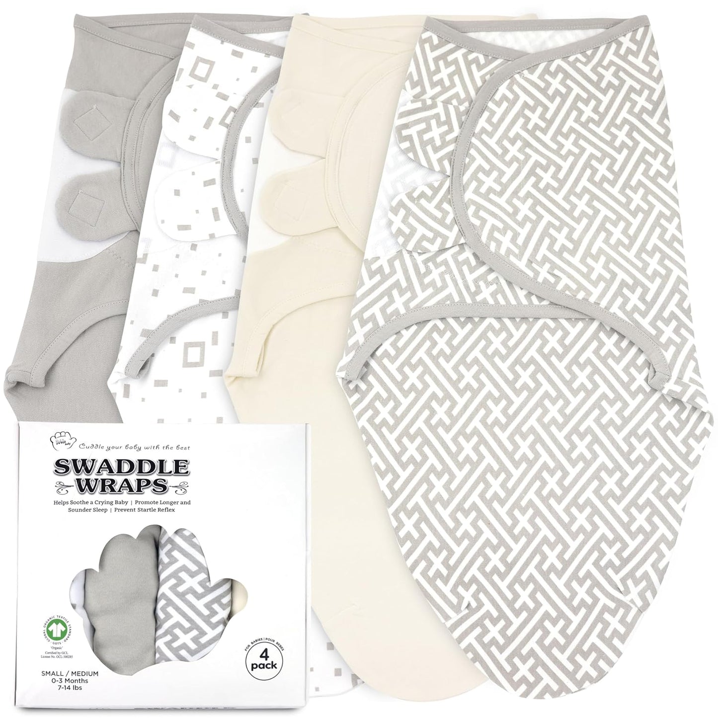 Bublo Baby Swaddles for Newborns – 4-Pack Infant Swaddles 0-3 Months – Adjustable Swaddle Sleep Sack – Soft Organic Cotton Baby Wrap for Safe & Cozy Sleep (Geometric Grey-Cream)
