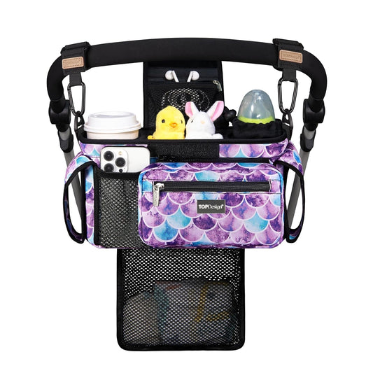 TOPDesign Universal Baby Stroller Organizer, Stroller Caddy with Detachable Mesh Bag & Heightened Insulated Cup Holders & Non-Slip Secure Hooks Accessories, Fits Most Strollers (Mermaid)