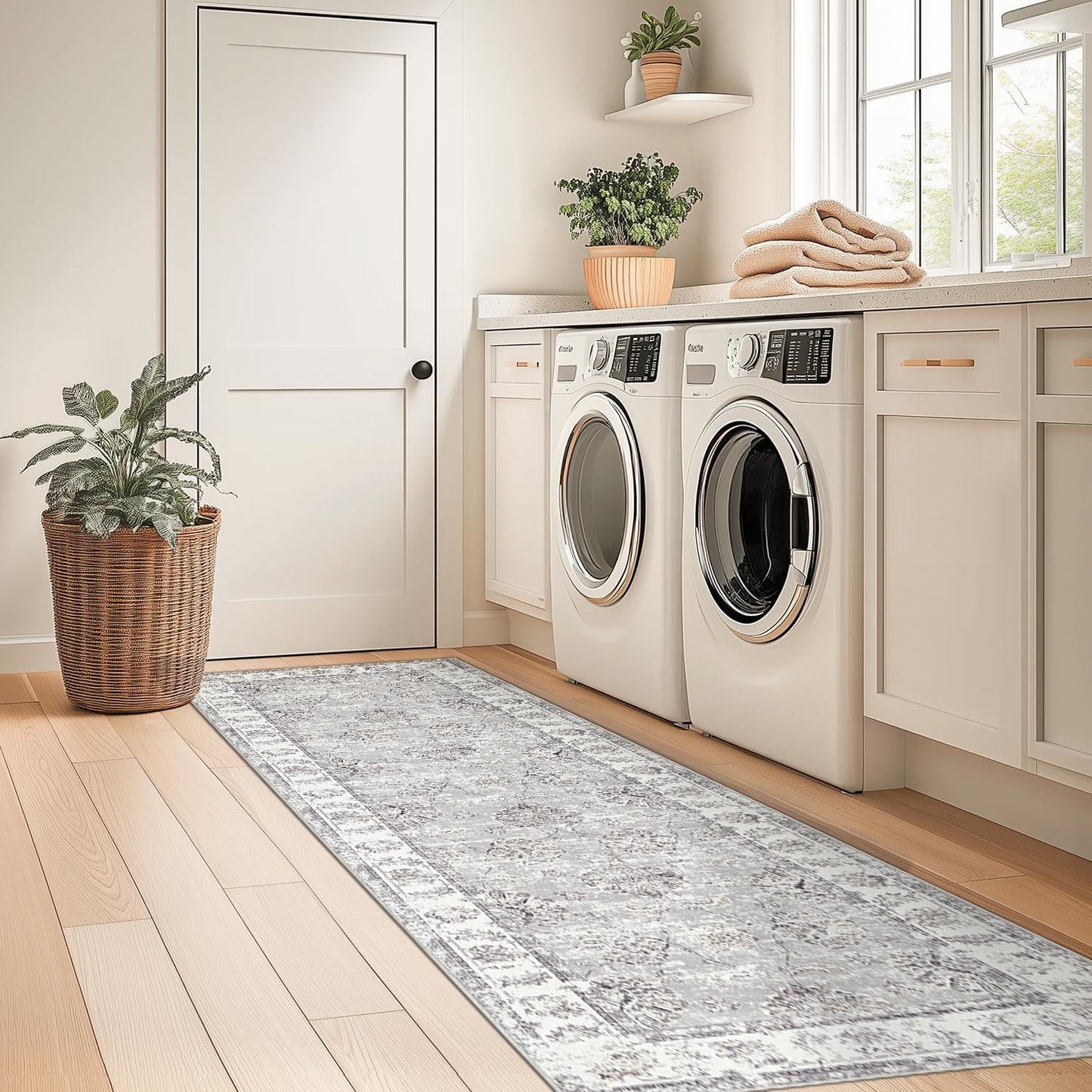 jinchan Runner Rug 2x6 Machine Washable Hallway Rug Grey Vintage Floral Print Non-Slip Low Pile Ultra-Thin for Kitchen,Entryway,Laundry Room,Bedroom,Farmhouse (2‘x6’,Grey)