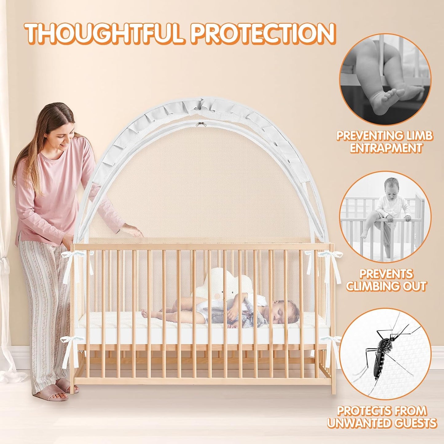 Crib Tent to Keep Baby from Climbing Out - Crib Net to Keep Baby in - Pop Up Breathable Cribs Cover - Canopy with Upgrade Strong Mesh and Durable Zipper (White, Lager)
