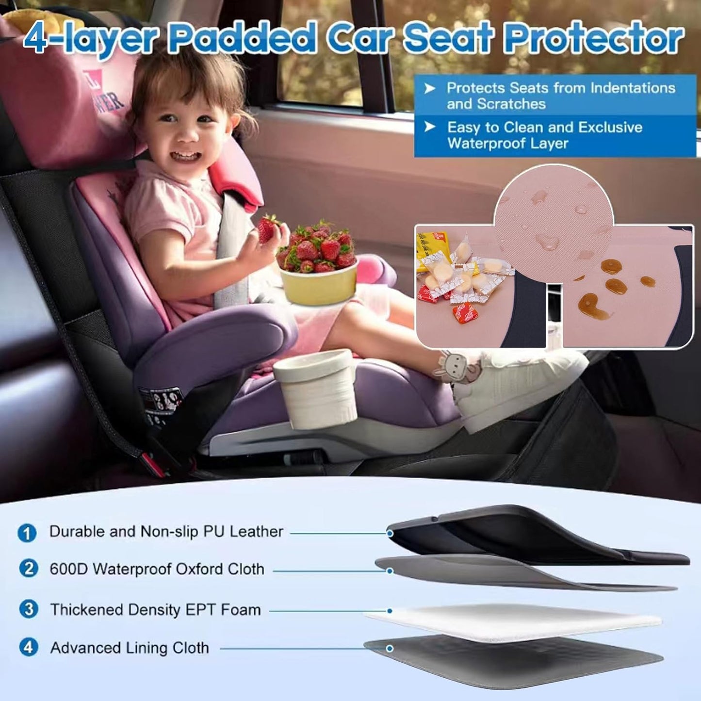 Car Seat Protector for Child, 2 Pack Baby Covers with Mesh Pockets & Non-Slip Backing 600D Durable Under Seat for Back (Rose Gold, Standard)