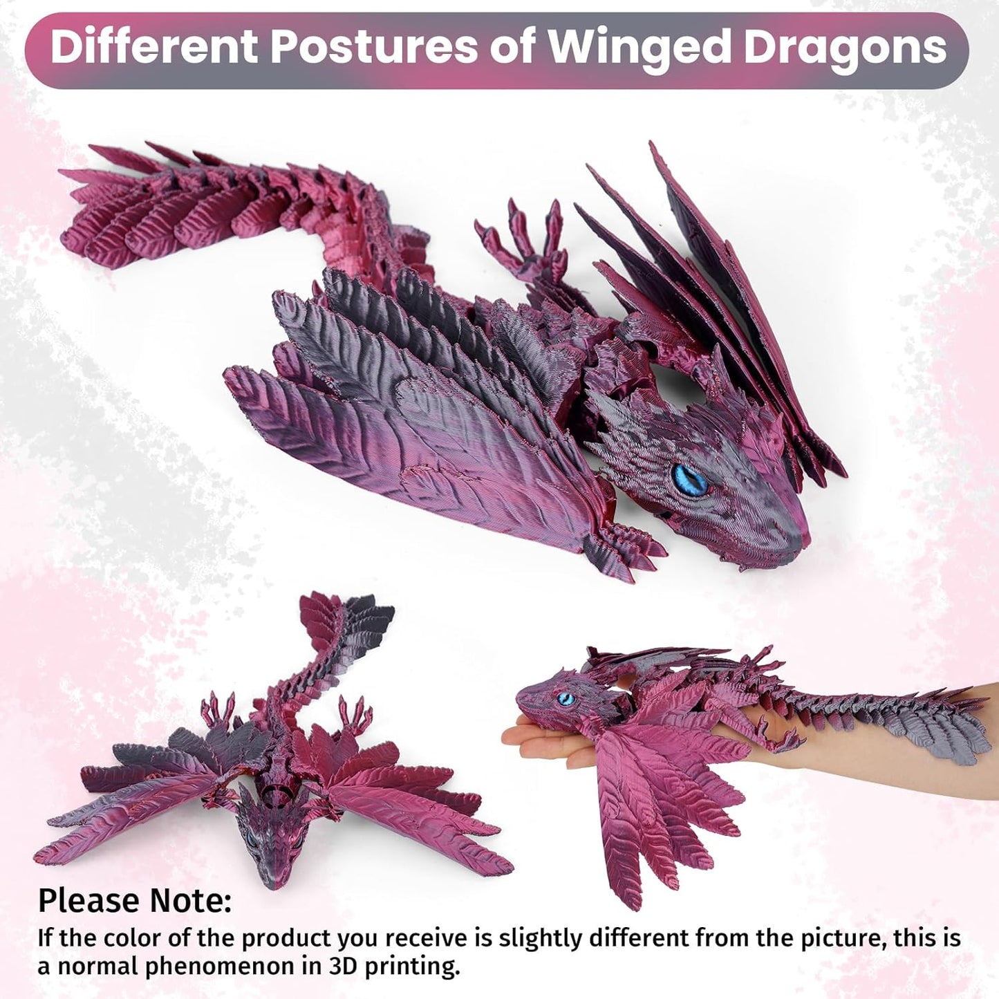 3D Printed Dragon with Wings,3D Printed Animals Toy,Crystal Dragon Fidget Toys,Full Articulated Dragon Crystal Dragon,Adults Fidget Toys for Autism ADHD,Home Office Decor (Red Black)
