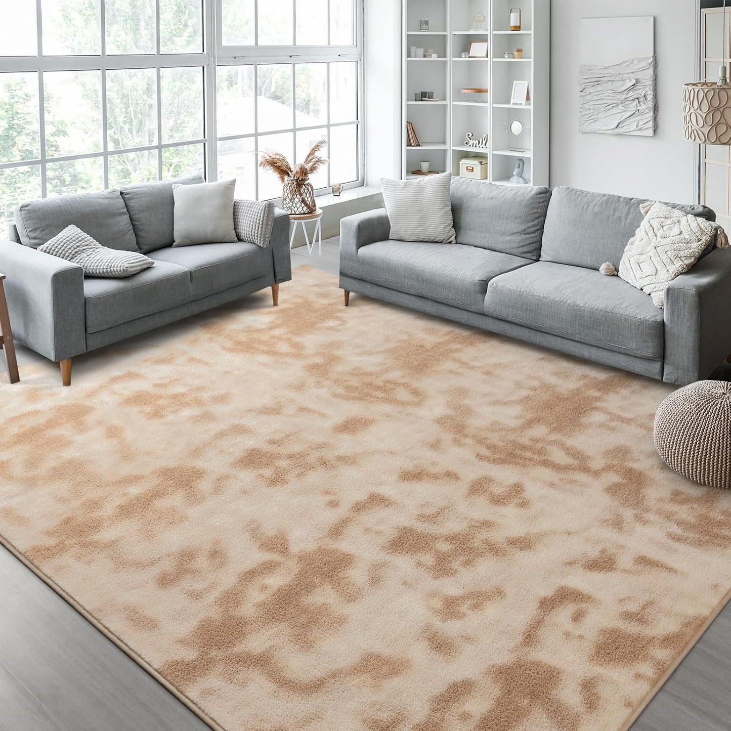 Kimicole 6x9 Washable Area Rugs for Living Room Bedroom, Large Low Pile Ulta-Thin Solid Color Rug, Non-Slip Soft Fluffy Carpet for Nursery Kids Room Dorm Room Home Decor (Light Tan)