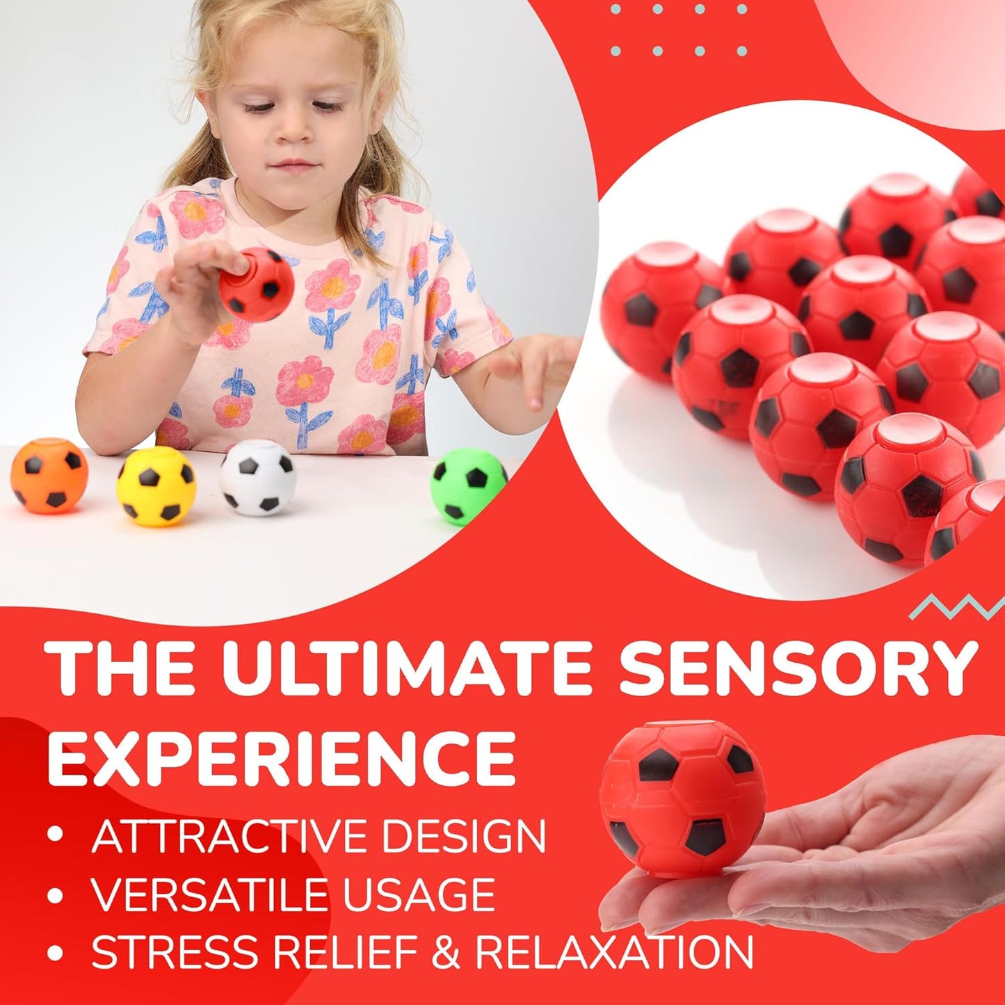Fidget Spinners - 2 Inch Fidget Spinner Balls 12 Pcs Fidget Spinner Pack - Red Soccer Fidget Spinners for Kids Ball Spinner Fidget Toy - Hand Spinner for Kids Toy Gifts for Kids Easter Basket Stuffers