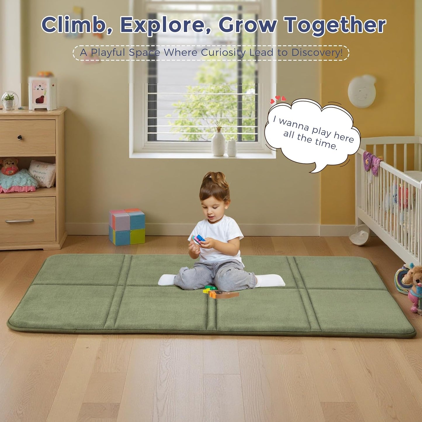 MAXYOYO 1.2" Thick Baby Play Mat for Floor, 36"x60" Foldable Playpen Mat, Tummy Time Foam Mats Ultra Soft Support, Padded Carpet with Non-Slip Backing for Infant,Kids and Toddler Crawling, Green