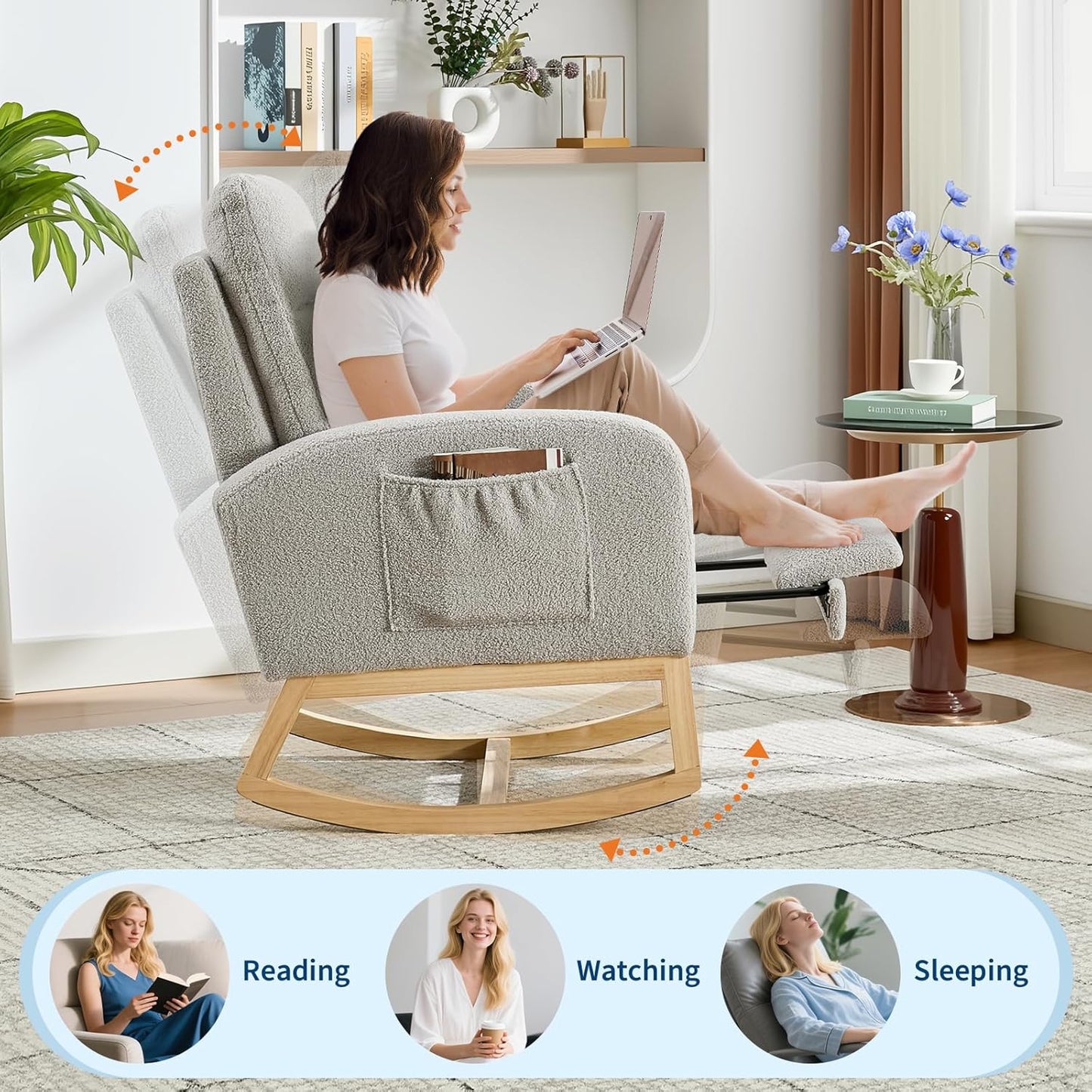Rocking Chair Nursery, Nursing Rocking Chairs with Foot Rest for Mom Nursery, Rocker Glider Chair with High Backrest for Living Room, Bedroom, Upholstered Lounge Chair with Solid Wood Base for Relaxin