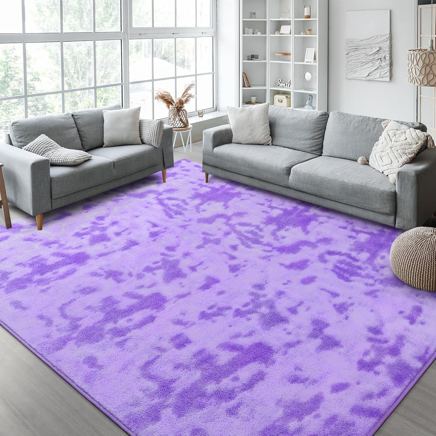 Kimicole 7x10 Washable Area Rugs for Living Room Bedroom, Large Low Pile Ulta-Thin Solid Color Rug, Non-Slip Soft Fluffy Carpet for Nursery Kids Room Dorm Room Home Decor (Purple)
