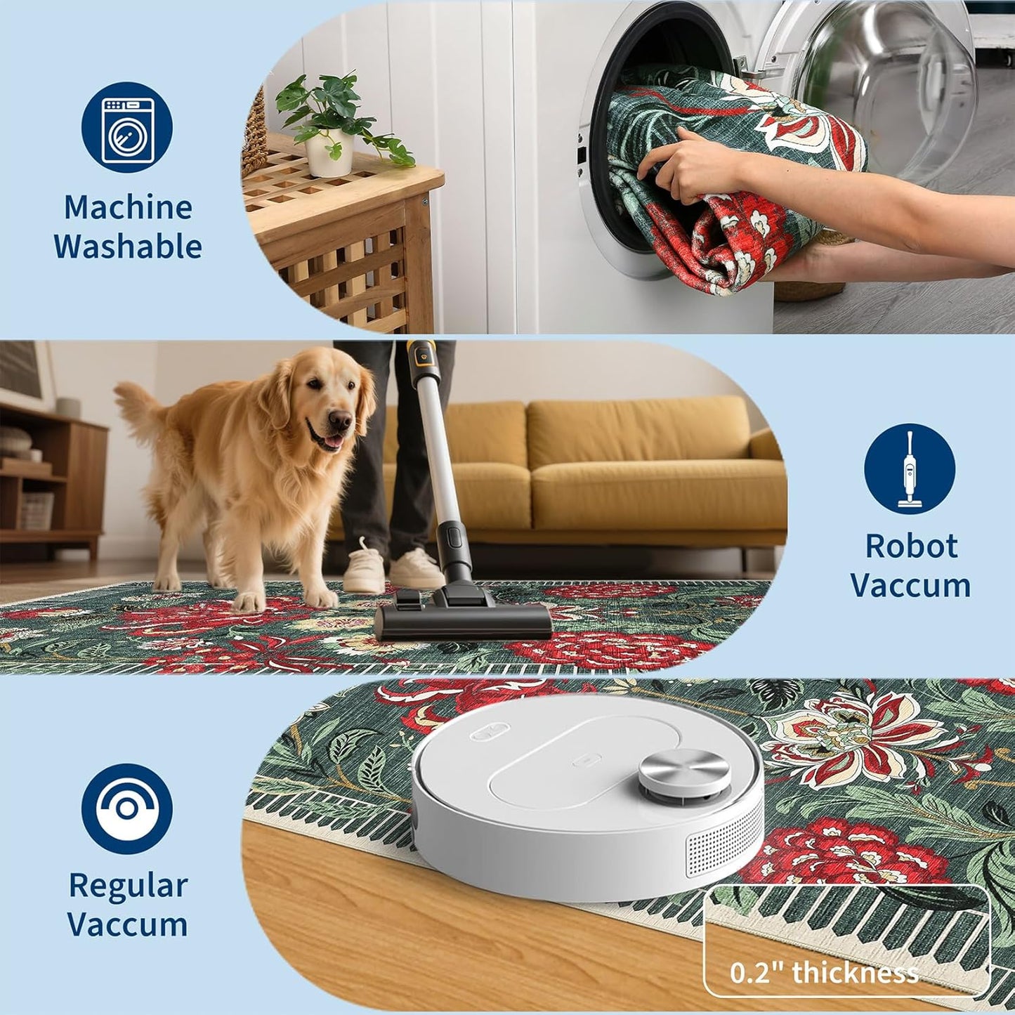 GarveeHome Floral Botanical Washable 9x12 Area Rug for Living Room Soft Grey Green Vintage Boho Cottage Large Rugs Low Pile Carpet for Bedroom Dining Nursery Rug