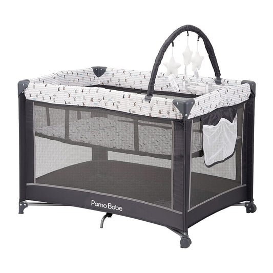 Pamo Babe Portable Playard,Sturdy Play Yard with Padded Mat and Toy bar with Soft Toys