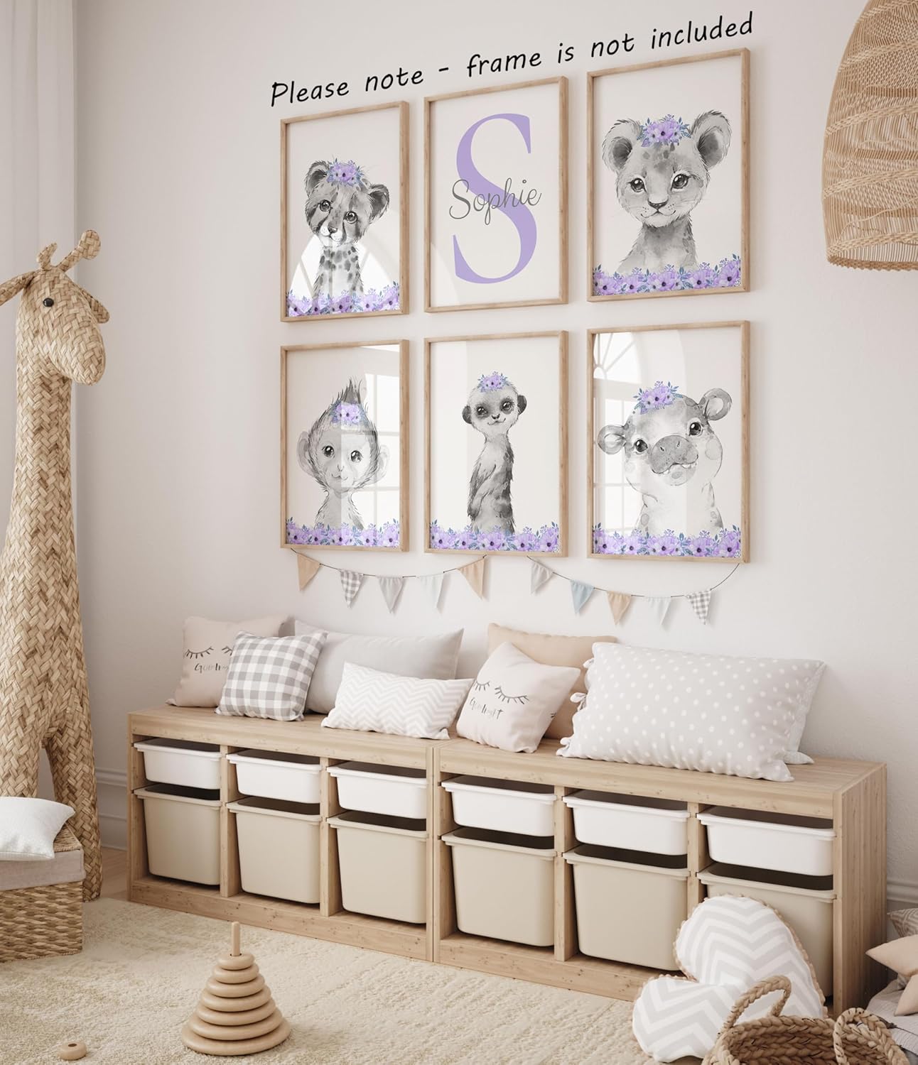 Personalized Safari Animals for Baby Girls Nursery Bedroom Unframed Set of 6 Poster Prints, Personalized Name Pink Purple Flowers Wall Art Decor New Baby Gift Present, Elephant Giraffe Panda Zebra Lion (8x10)
