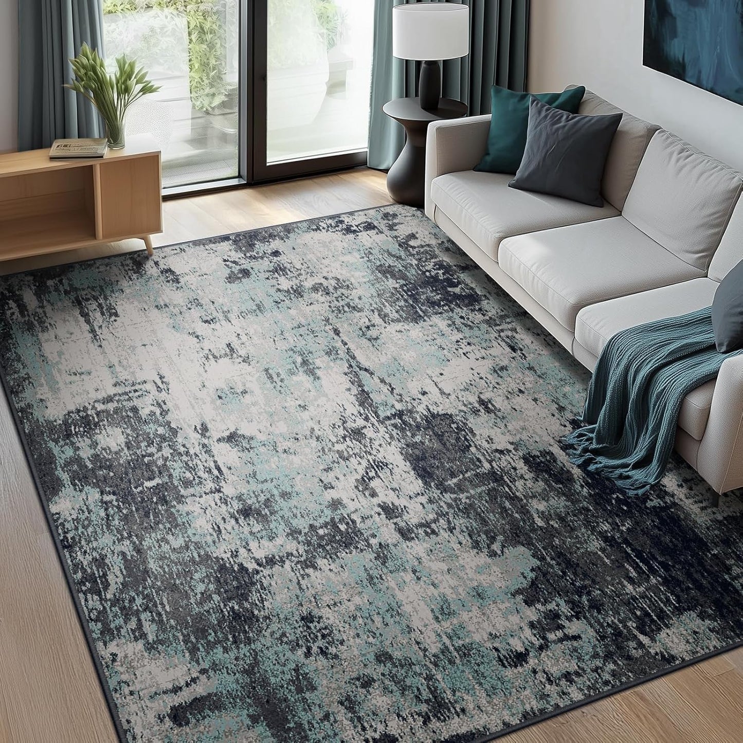 Washable Area Rugs 9'x12' Non-Slip Modern Abstract Soft for Living Room Entryway Bedroom Nursery, Print Pattern, Blue Black Teal