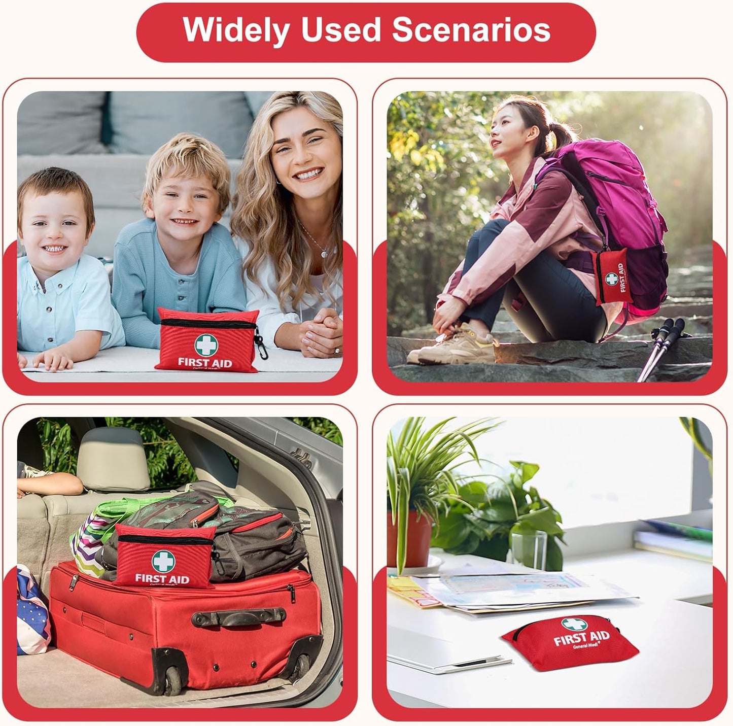 General Medi Mini First Aid Kit, 150 Piece Small First Aid Kit - Includes Emergency Foil Blanket, Scissors for Travel, Home, Office, Vehicle, Camping, Workplace & Outdoor (Red)