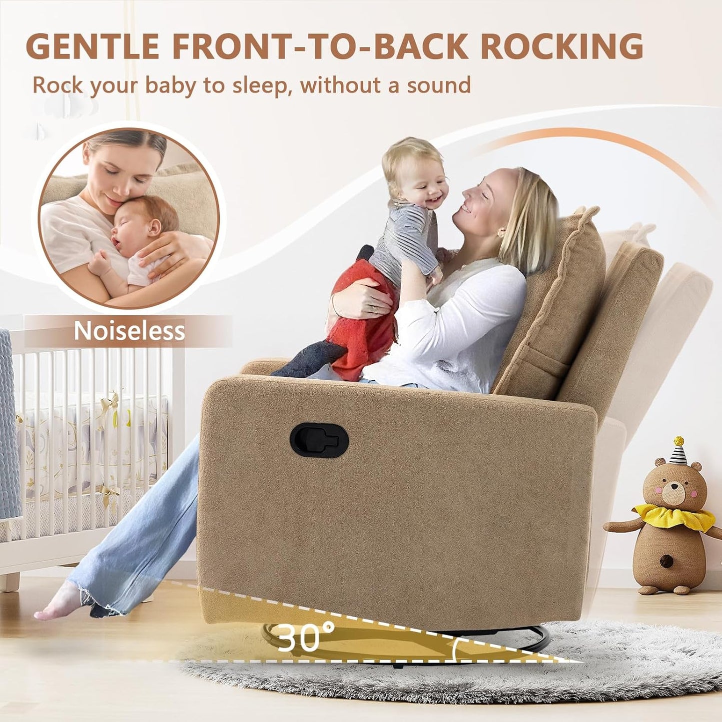 Swivel Rocking Recliner Chair for Nursery, Upholstered Glider Rocker Recliner, Swivel Reclining Chair for Nursery Living Room Bedroom, Camel Short Plush