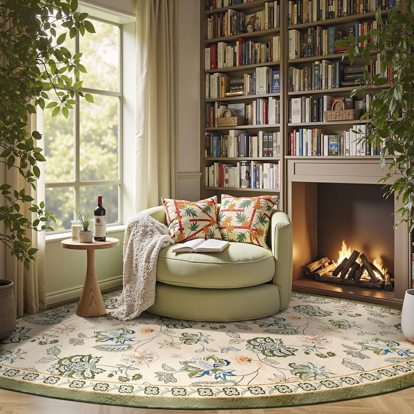 jinchan Floral Corner Rug for Living Room Washable Bedroom Rug Vintage Romance Design Non Slip Quarter Circle Lightweight Low-Pile Throw Carpet for Reading Nook Playroom,8ft Radius, Green/Beige