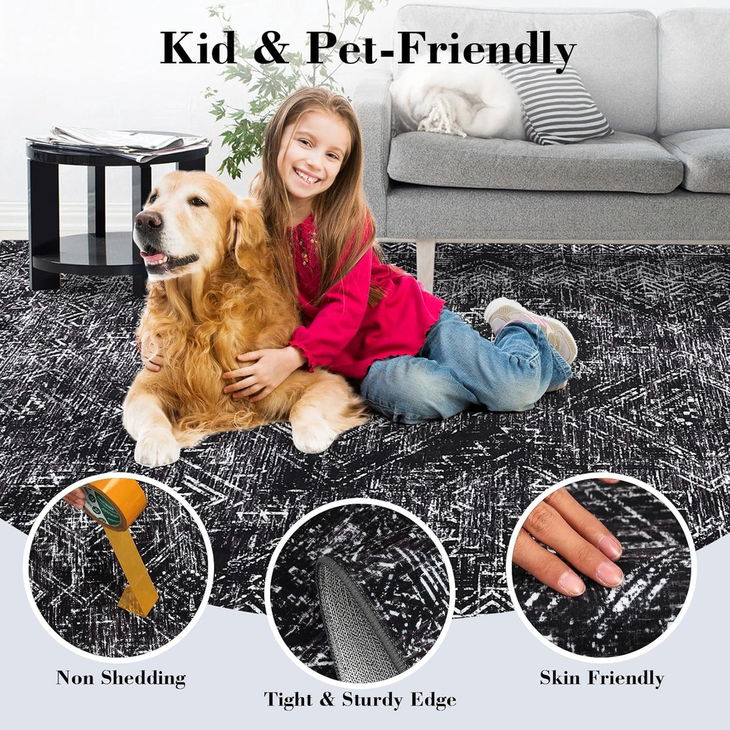 COZYLOOM 4x6 Washable Rug for Bedroom Vintage Non Slip Large Area Rug Geometric Soft Throw Rugs Low Pile Stain Resistant Carpet for Office Dining Room Living Room, Black