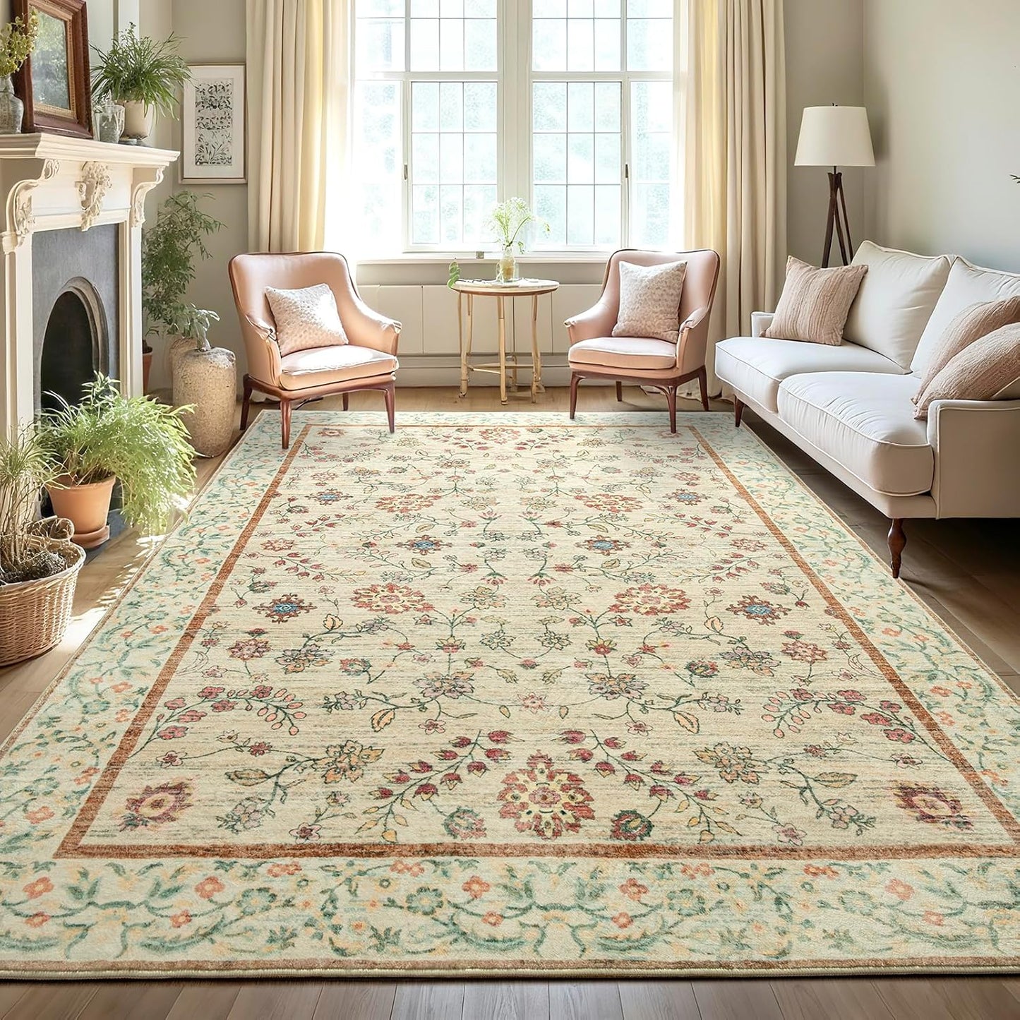 LOCHAS Washable Area Rugs 5x7, Beige Floral Rug for Living Room Bedroom Non Slip, Ultra Soft Vintage Indoor Carpet for Kids, Nursery, Dorm, Dining Room, Classroom, Boho Flower Home Decor, Low-Pile