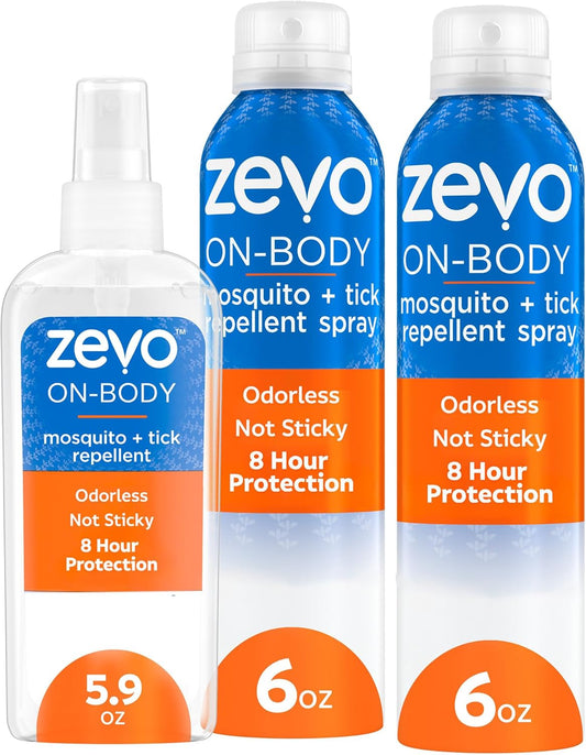 Zevo On-Body Tick & Mosquito Repellent Spray - 8-Hour Insect & Bug Spray - Odorless, Non-Sticky Formula for The Whole Family (1 Pump Bottle & 2 Aerosol Bottles)