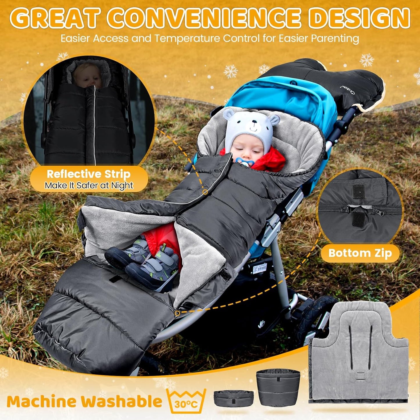 Orzbow Universal Stroller Bunting Bag with Extra Footmuff for Toddler, Kids, Warm Waterproof Stroller Blanket, Winter Cover, Baby Bunting Bag - Protect Babies from Cold Winds, Dark Grey
