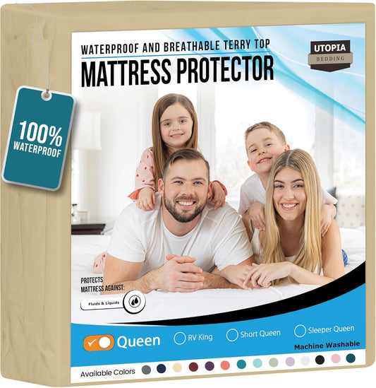 Utopia Bedding Waterproof Mattress Protector Queen Size, Premium Terry Mattress Cover 200 GSM, Breathable, Fitted Style with Stretchable Pockets (Beige)