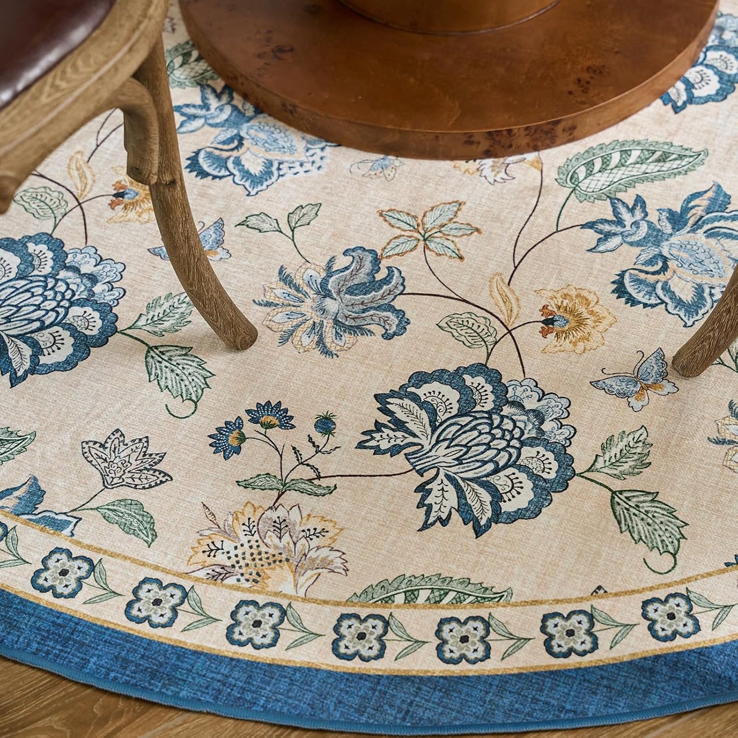 jinchan 4ft Floral Round Rug for Entryway Washable Kitchen Rug Vintage Romance Design Non Slip Indoor Doormat Lightweight Low-Profile Throw Carpet for Living Room Dining Room Bedroom, Blue/Beige