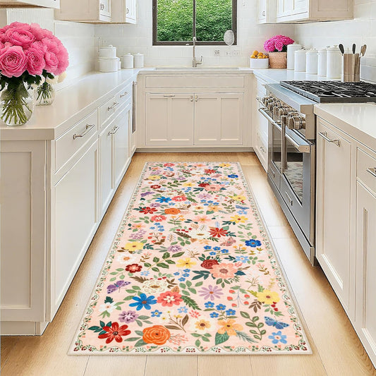 Runner Rug for Entryway: 2x10 Kitchen Rugs Non Slip Washable Ultra-Thin Soft Floral Carpet Indoor Floor Stain Resistant Carpets for Hallway Bedroom Kitchen Laundry Bathroom Dorm Beige