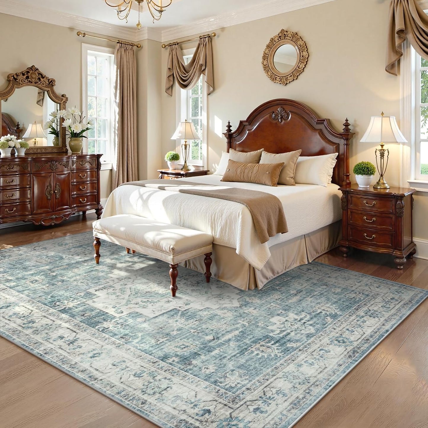 LIVEBOX Washable Area Rug 8x10 Rugs for Living Room Bedroom, Non-Slip Boho Indoor Carpet for Dining Room Office, Low-Pile Farmhouse Soft Carpets for Kids Nursery Room Playroom, Blue