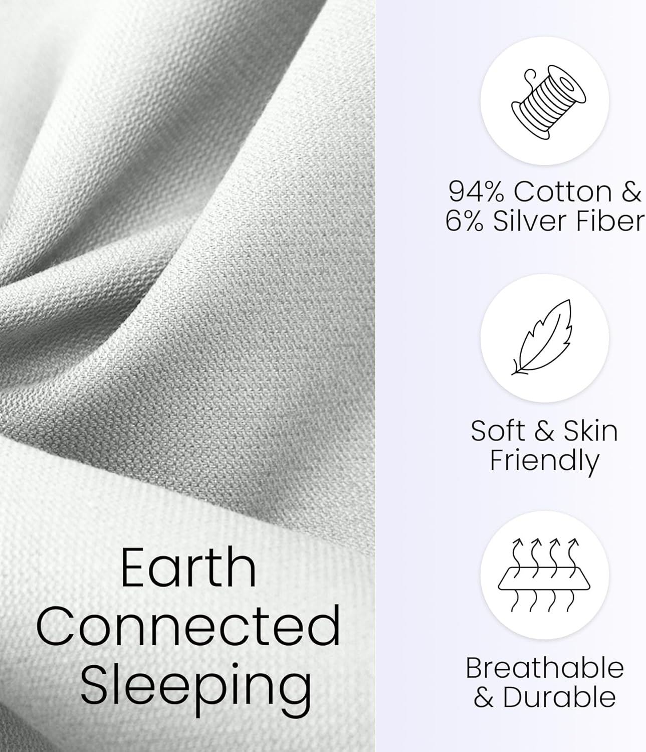 Hooga Grounding Sheet, Twin Size, Organic Fitted Grounded Sheet, Earth Connected Bedding (75"x39"x15") Pure Silver Fiber and Cotton, Grounding Cord Included. Off White