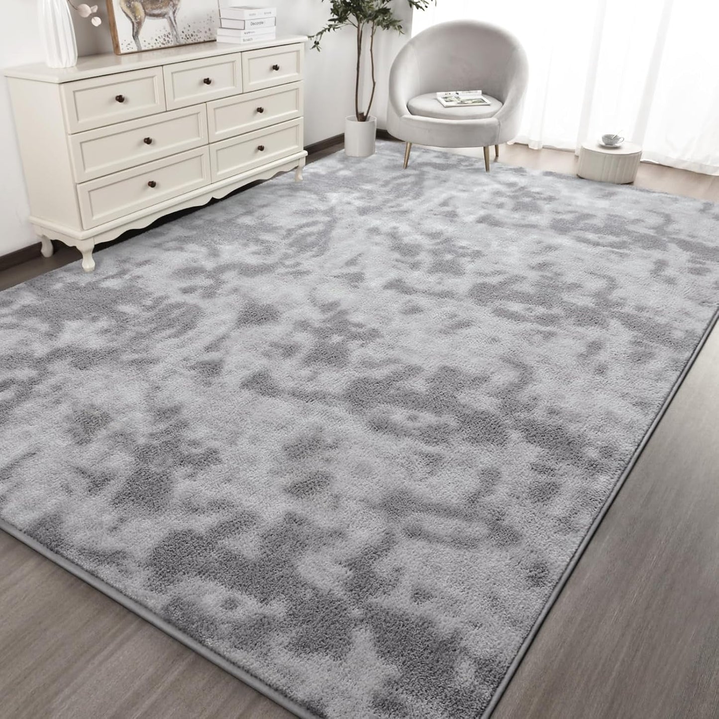 Kimicole 7x10 Washable Area Rugs for Living Room Bedroom, Large Low Pile Ulta-Thin Solid Color Rug, Non-Slip Soft Fluffy Carpet for Nursery Kids Room Dorm Room Home Decor (Light Grey)