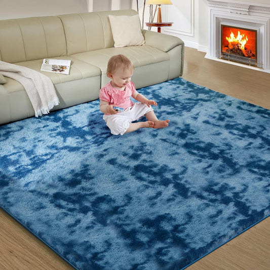 Ultra Soft Rug for Living Room, 9X12 Fluffy Shag Area Rug for Bedroom, Modern Shaggy Carpets Fuzzy Rug for Teens Dorm Nursery Home Decor Aesthetic, Upgrade Anti-Skid Durable, Tie-Dyed Blue Grey
