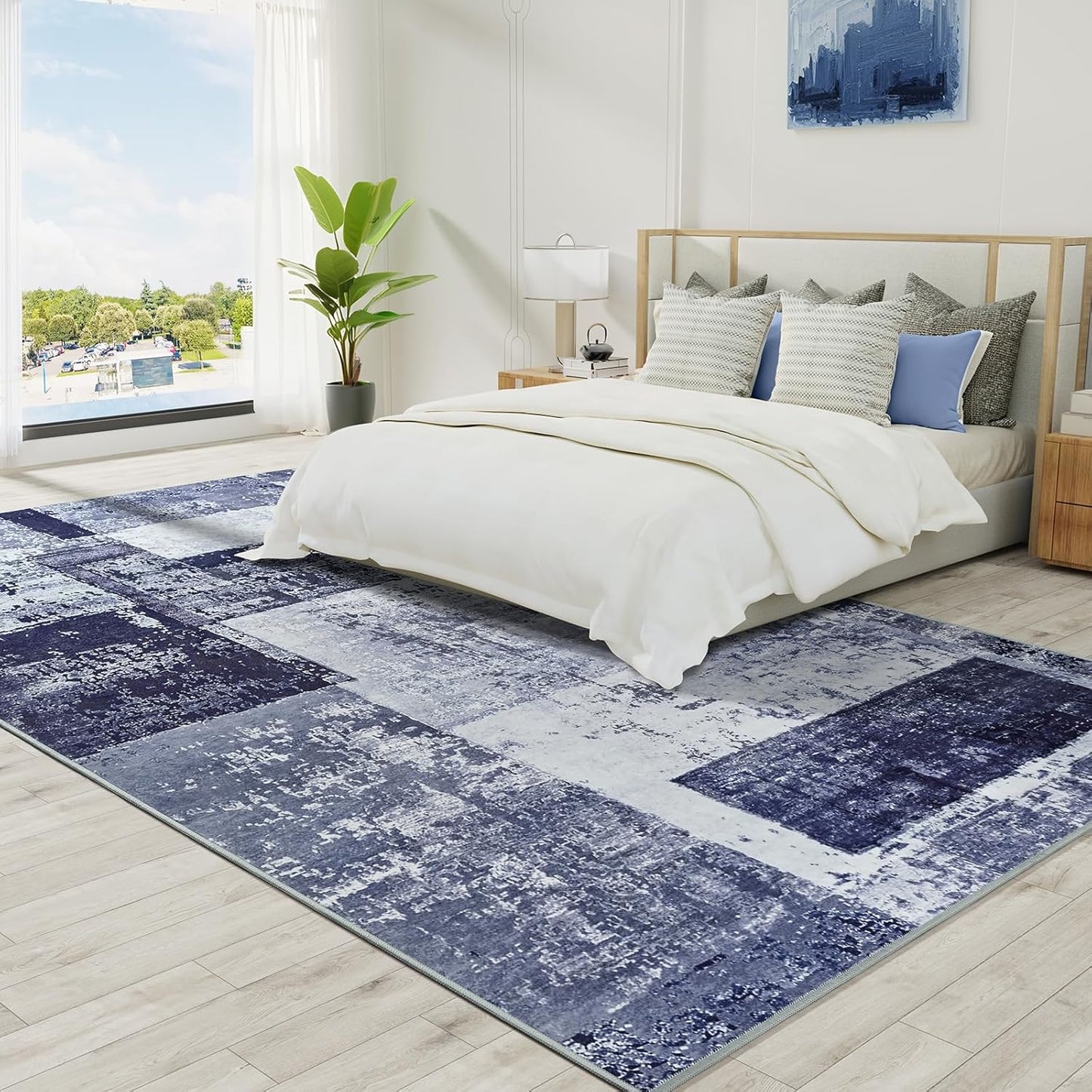 LOCHAS Rug for Living Room, Washable Soft Area Rugs for Bedroom 8x10, Abstract Carpet for Indoor Office Kids Dining Room Nursery Floor, Blue Geometric Vintage Home Decor, Non Slip, Pet Child Friendly