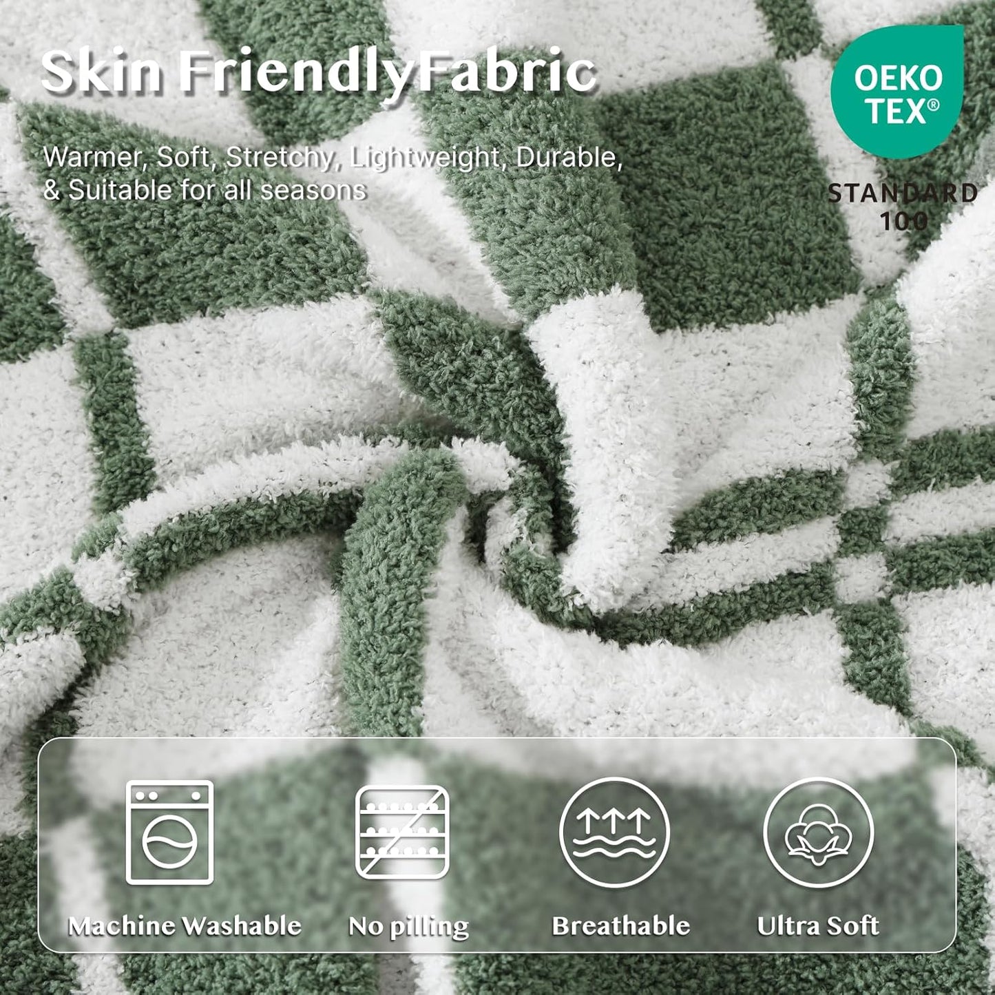 WRENSONGE Checkered Throw Blanket, Olive Green Soft Cozy Fluffy Warm Hand Made Throw Blankets for Couch, Sofa, Chair, Bed, Camping, Picnic, Travel Lightweight Bed Blanket - 50"*60"