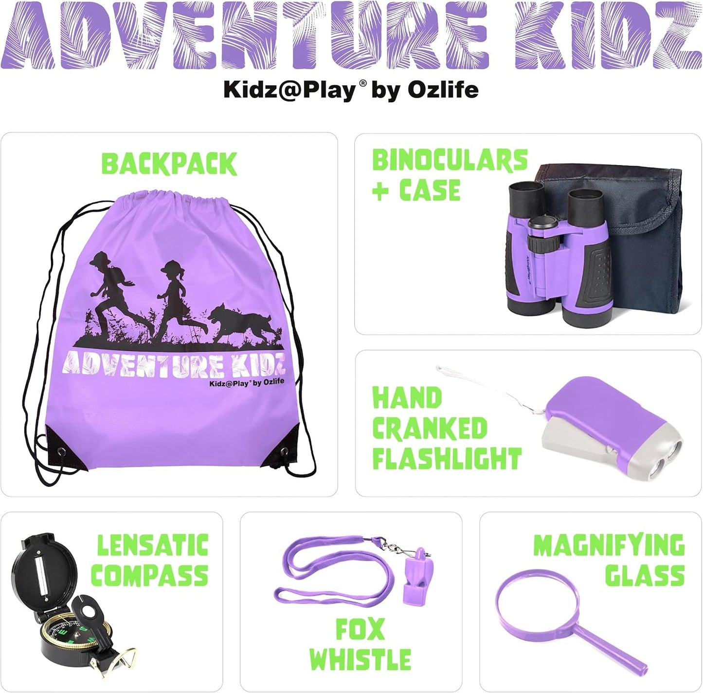 Adventure Kidz - Outdoor Exploration Kit, Children’s Toy Binoculars with Case, Flashlight, Compass, Fox Whistle, Magnifying Glass, Backpack. Great Kids Set for Camping, Hiking, STEM, Pretend Play.
