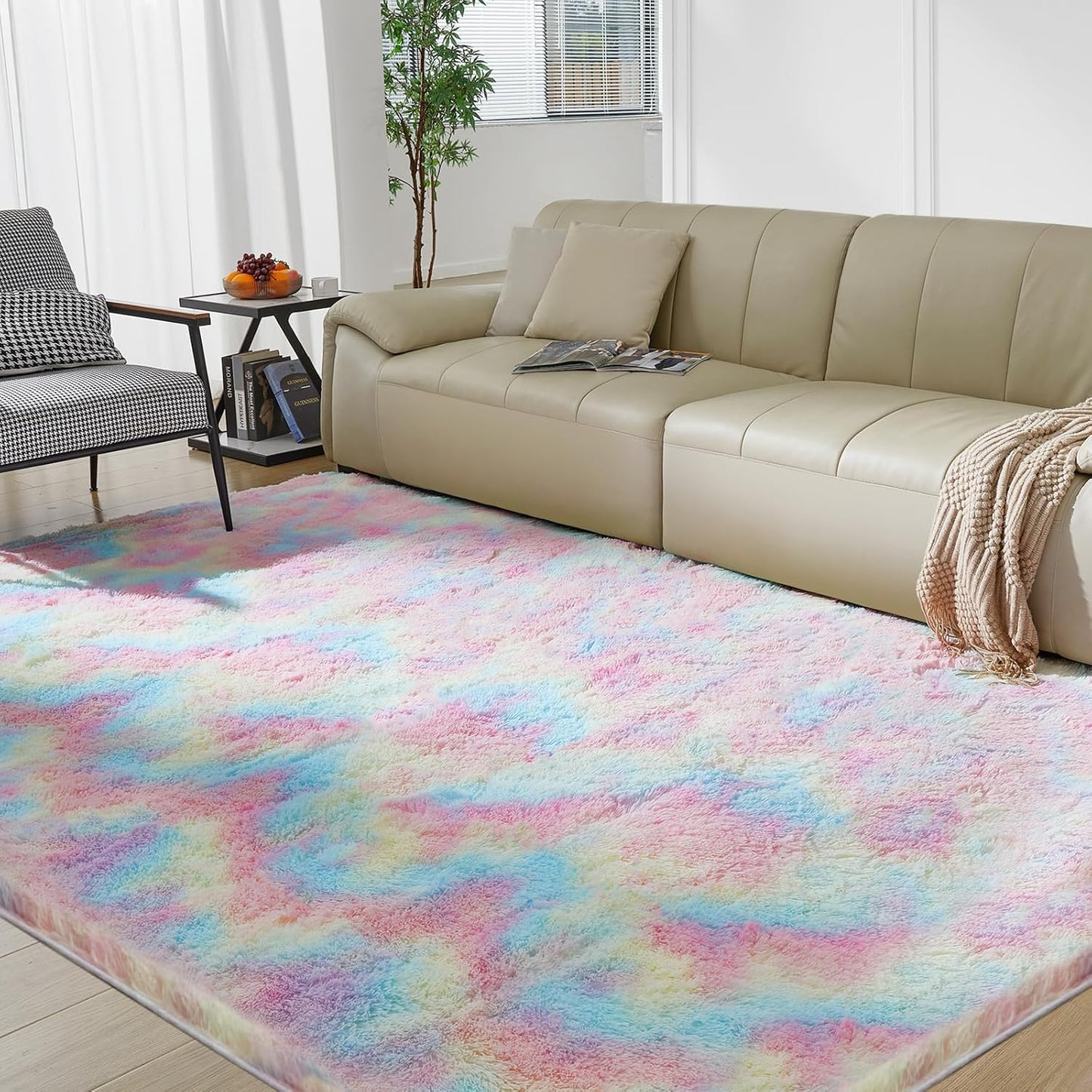 Fluffy Colorful Rug for Living Bedroom, Rainbow Fluffy Soft Plush Area Rugs for Girls Bedroom, Fuzzy Nursery Rug for Baby's Toddler's，Clorful Room Decor for Teenage, Easy-Cleaning, Non Shedding, 3X4