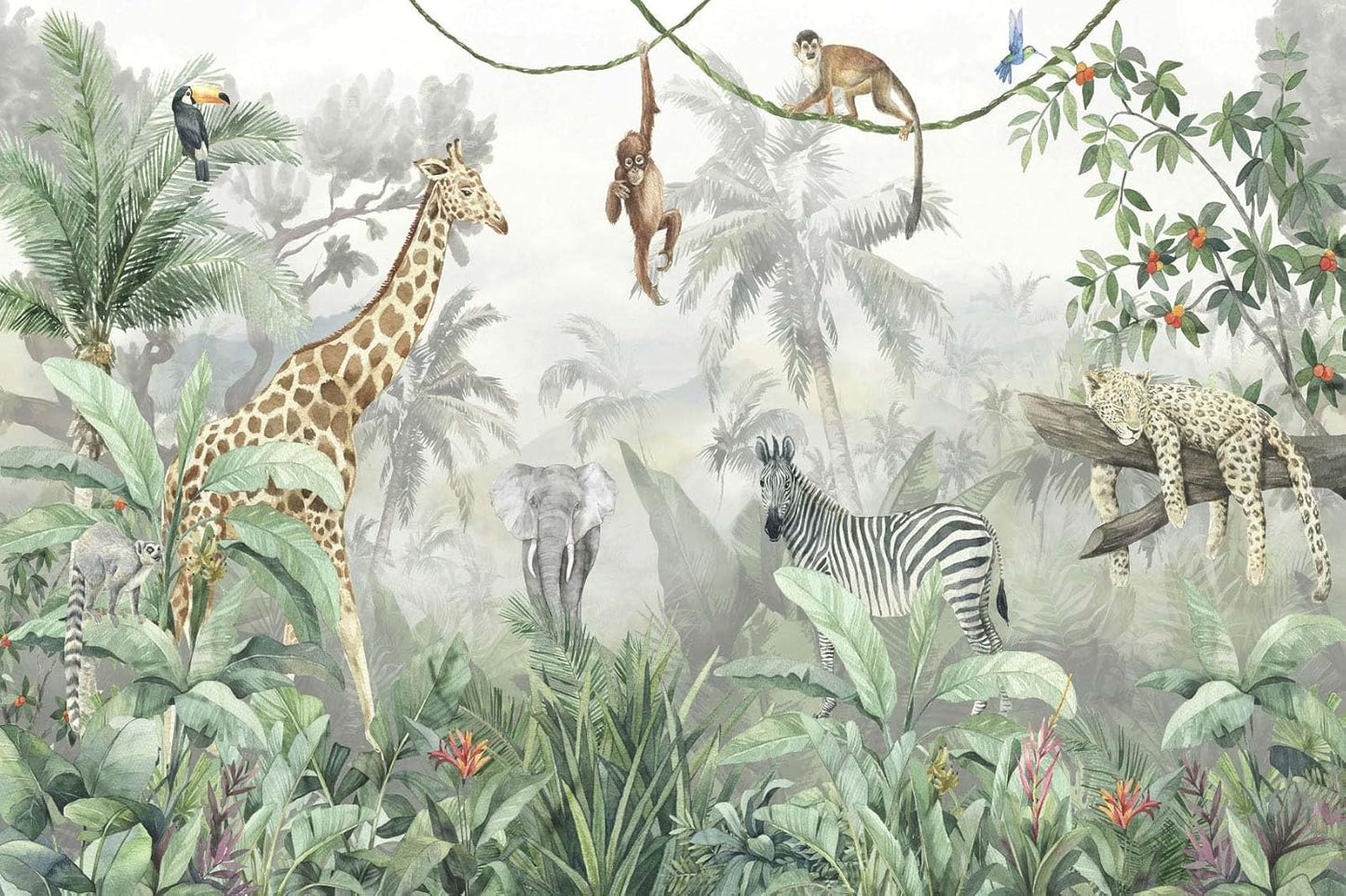 Nursery Safari Wallpaper Kids Tropical Jungle Banana Leaf Wall Mural Animals Wall Decor for Boys Room Girls Room Bedroom Living Room(Not Self-Adhesive)