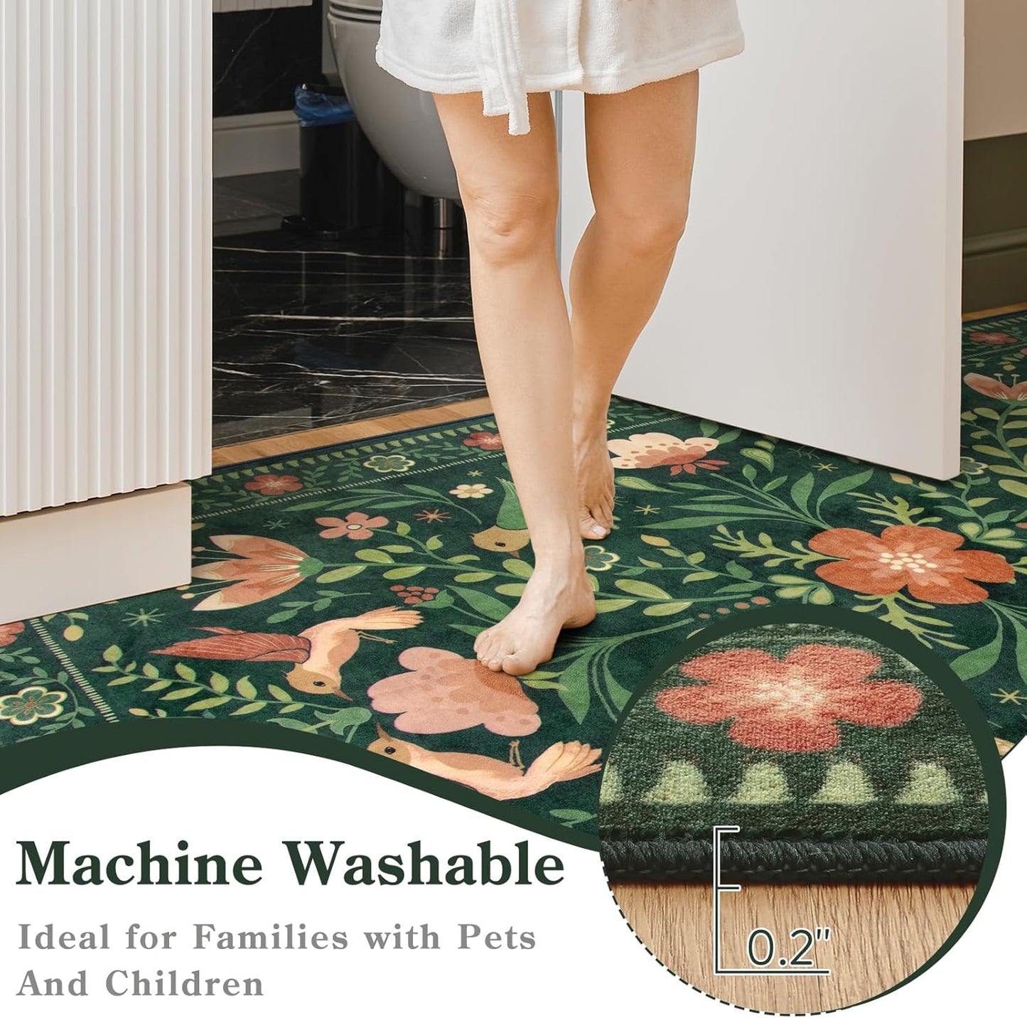 Moynesa Boho Bird 6x9 Area Rugs, Washable Ultra-Thin Dark Green Rugs for Living Room, Soft, Low Pile, Indoor Boho Large Throw Carpet for Bedroom Dining Room Under Table Office Playroom