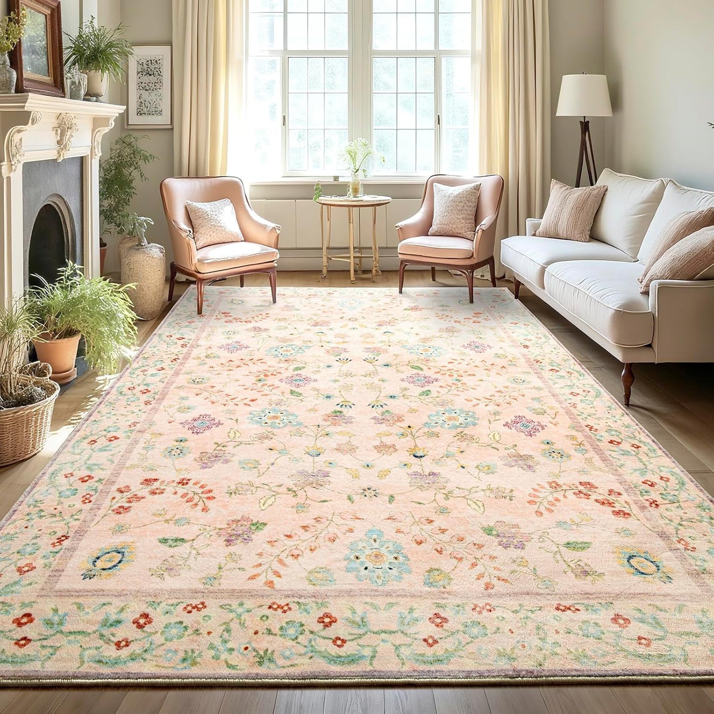 LOCHAS Washable Area Rugs 4x6, Pink Floral Rug for Living Room Bedroom Non Slip, Ultra Soft Vintage Indoor Carpet for Kids, Nursery, Dorm, Dining Room, Classroom, Boho Flower Home Decor, Low-Pile