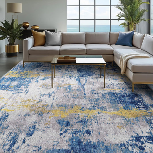 Washable Area Rugs 9'x12' Non-Slip Modern Abstract Soft for Living Room Entryway Bedroom Nursery, Print Pattern, Grey Blue Gold/Golden