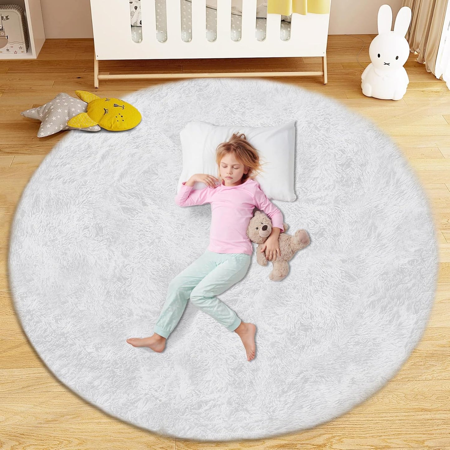 4FT Round Rug for Bedroom: Fluffy Shag Soft Washable Rugs Circle Small Fuzzy Plush Indoor Carpet for Living Room Nursery Playroom Dorm Kids Girls Boys Room (White, 4'x4')